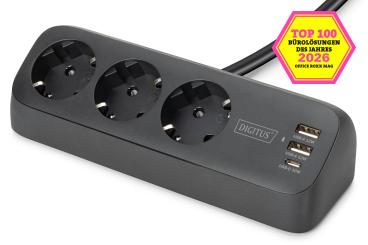 3-fach Office-Steckdosenleiste mit 2x USB-A und 1x USB-C Anschlüssen, Schwarz 
