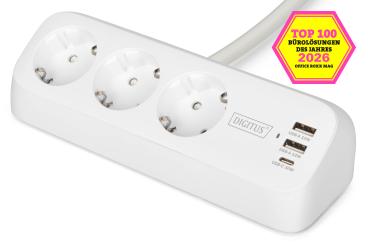 3-fach Office-Steckdosenleiste mit 2x USB-A und 1x USB-C Anschlüssen, Weiß 