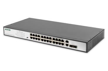 24-Port Fast Ethernet  PoE Netzwerkswitch, 19 Zoll, unmanaged, 2 GE Uplink Ports, SFP, 370 W, af/at 